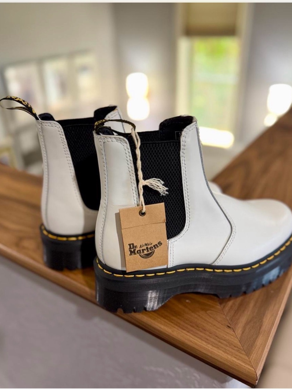Dr. Martens White Chelsea Lug Boots with Yellow Stitching